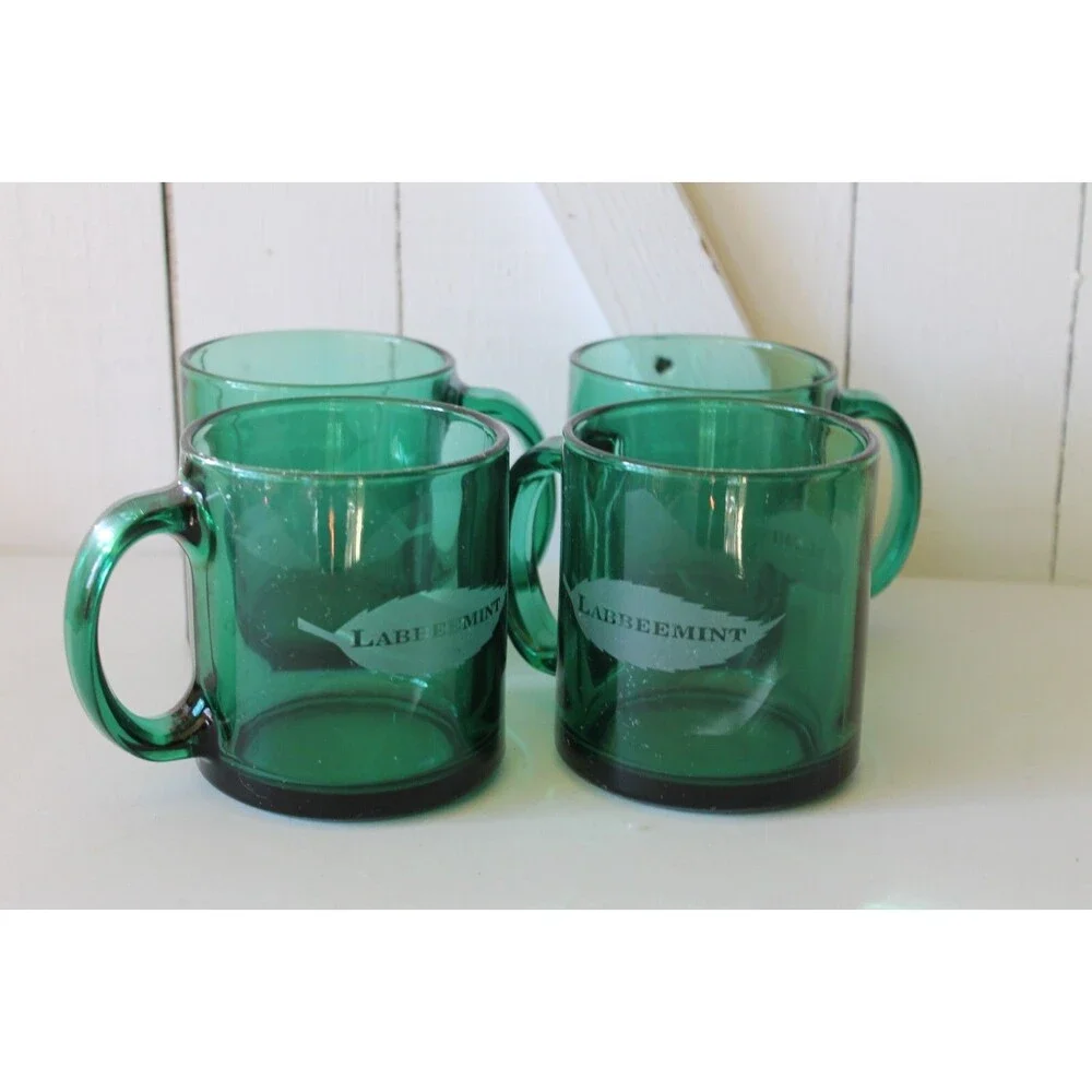 Mid-Century Emerald Green Pressed Labbreemint Advertise Glasse's set of 4